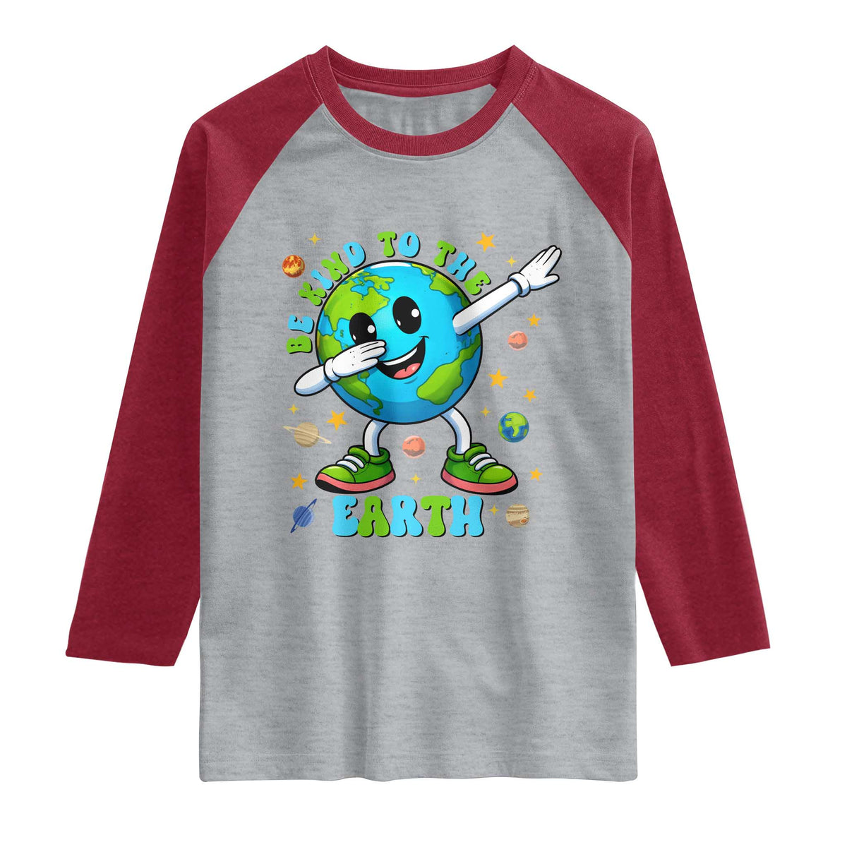 Be Kind To The Earth Raglan Shirt Cute Environmental Awareness Earth Day TS14 Heather Gray Heather Red Print Your Wear