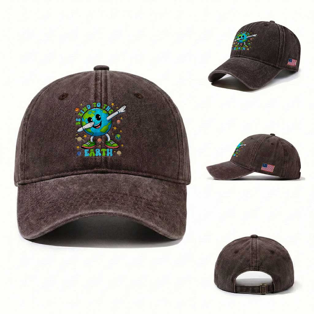 Be Kind To The Earth Washed Cotton Baseball Cap Cute Environmental Awareness Earth Day TS14 Washed Cap Universal Fit Dark Brown Print Your Wear