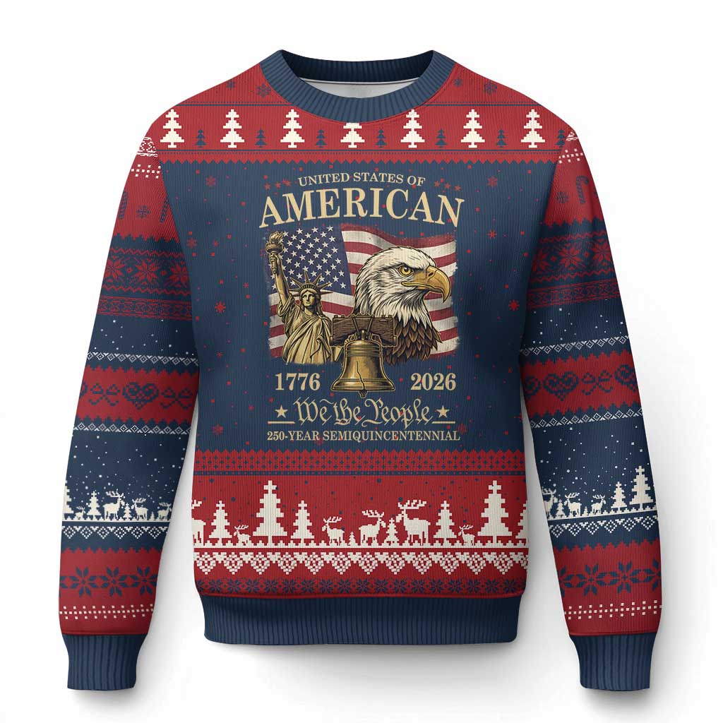 USA 250th Anniversary Ugly Christmas Sweater America 1776-2026 Patriotic Eagle Liberty Bell TS14 Navy Red Print Your Wear