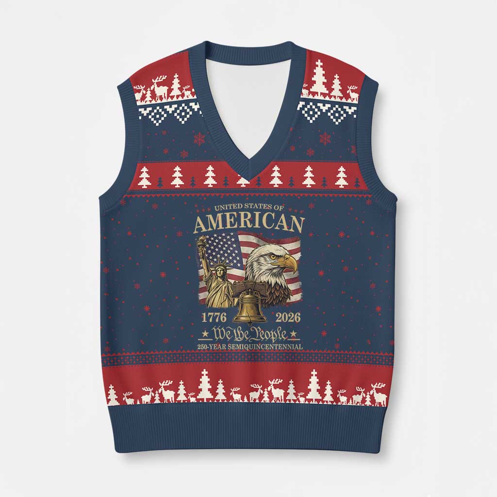 USA 250th Anniversary V-Neck Knit Sweater Vest America 1776-2026 Patriotic Eagle Liberty Bell TS14 Navy Red Print Your Wear