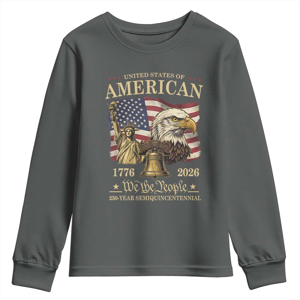 USA 250th Anniversary Youth Sweatshirt America 1776-2026 Patriotic Eagle Liberty Bell TS14 Dark Heather Print Your Wear