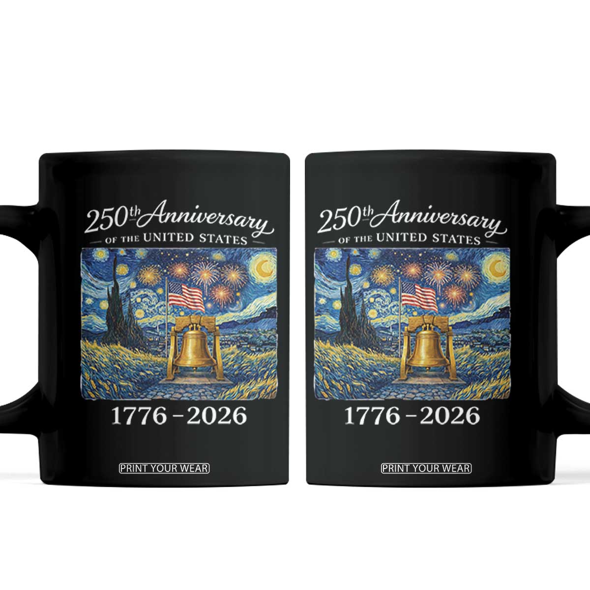 USA 250th Anniversary Coffee Mug Liberty Bell 17762026 Patriotic American Flag Starry Night TS14 Black Print Your Wear