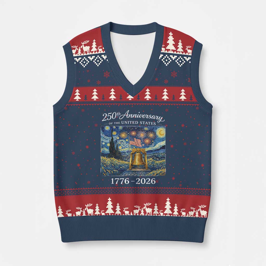 USA 250th Anniversary V-Neck Knit Sweater Vest Liberty Bell 17762026 Patriotic American Flag Starry Night TS14 Navy Red Print Your Wear