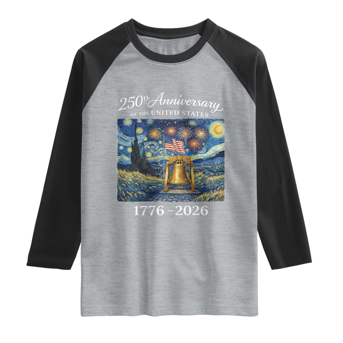 USA 250th Anniversary Raglan Shirt Liberty Bell 17762026 Patriotic American Flag Starry Night TS14 Heather Gray Black Print Your Wear