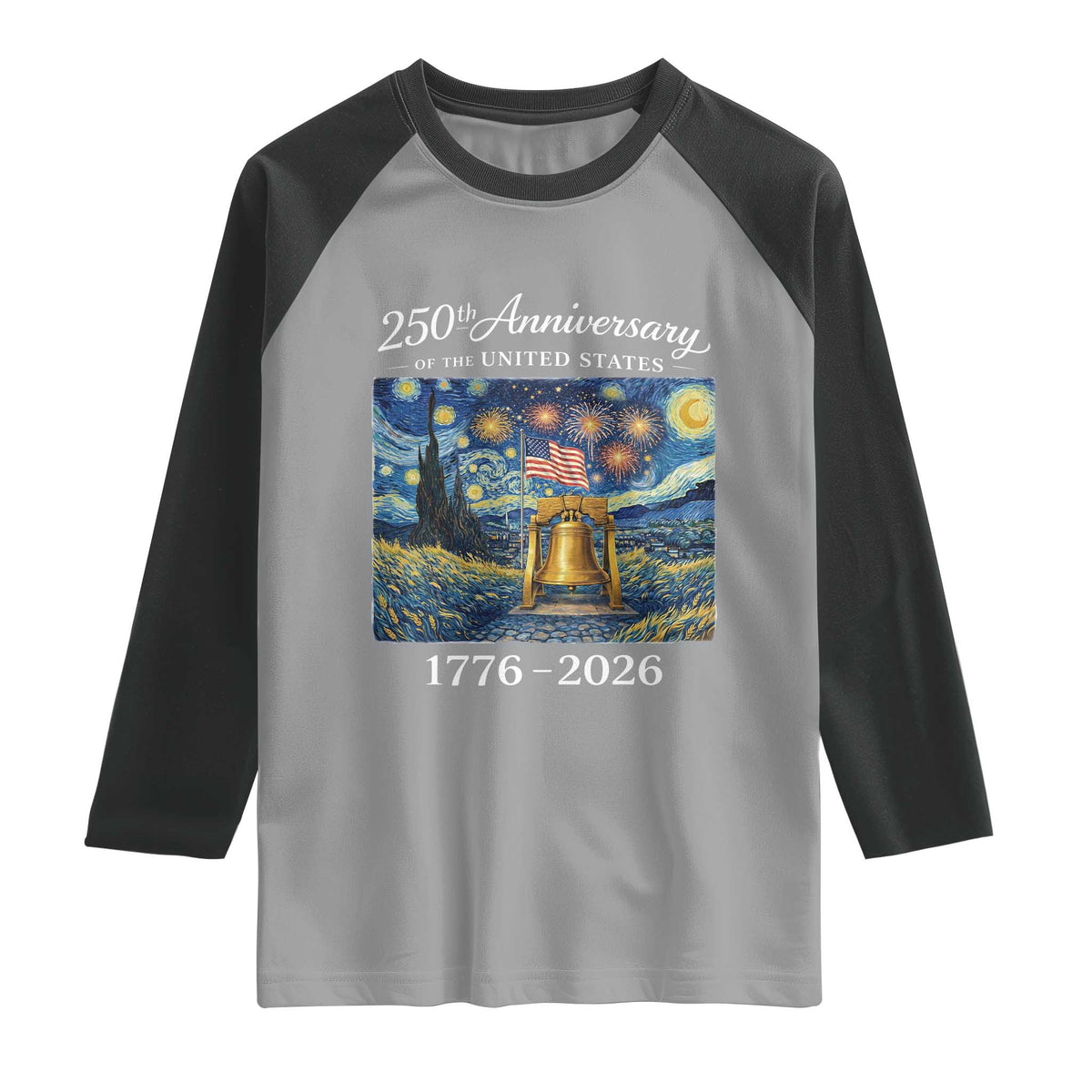 USA 250th Anniversary Raglan Shirt Liberty Bell 17762026 Patriotic American Flag Starry Night TS14 Sport Gray Black Print Your Wear