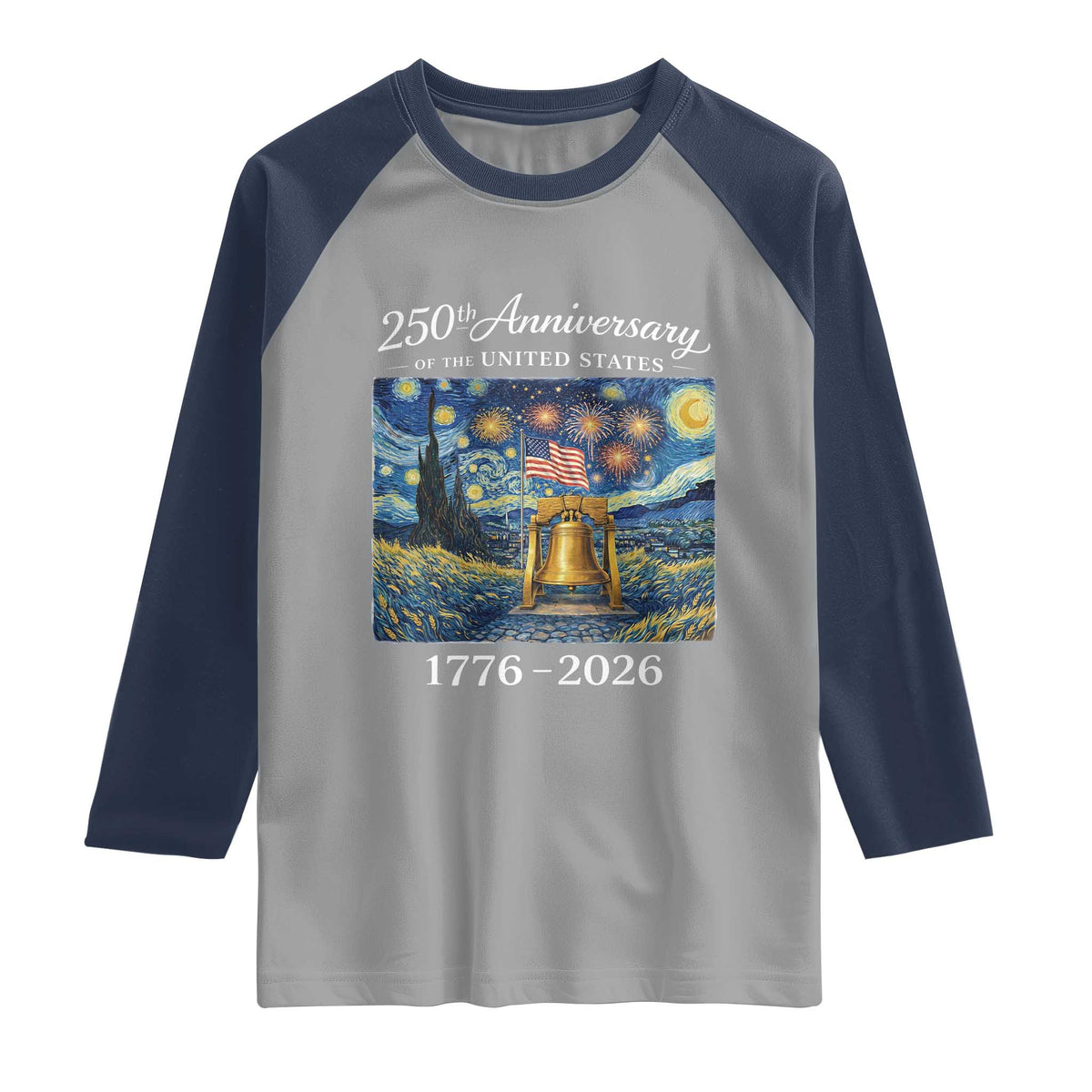 USA 250th Anniversary Raglan Shirt Liberty Bell 17762026 Patriotic American Flag Starry Night TS14 Sport Gray Navy Print Your Wear