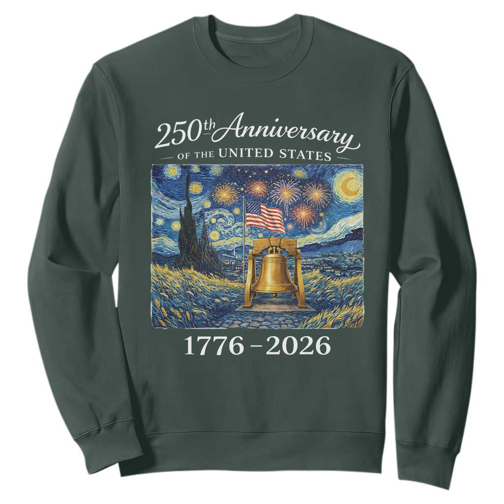 USA 250th Anniversary Sweatshirt Liberty Bell 17762026 Patriotic American Flag Starry Night TS14 Dark Forest Green Print Your Wear