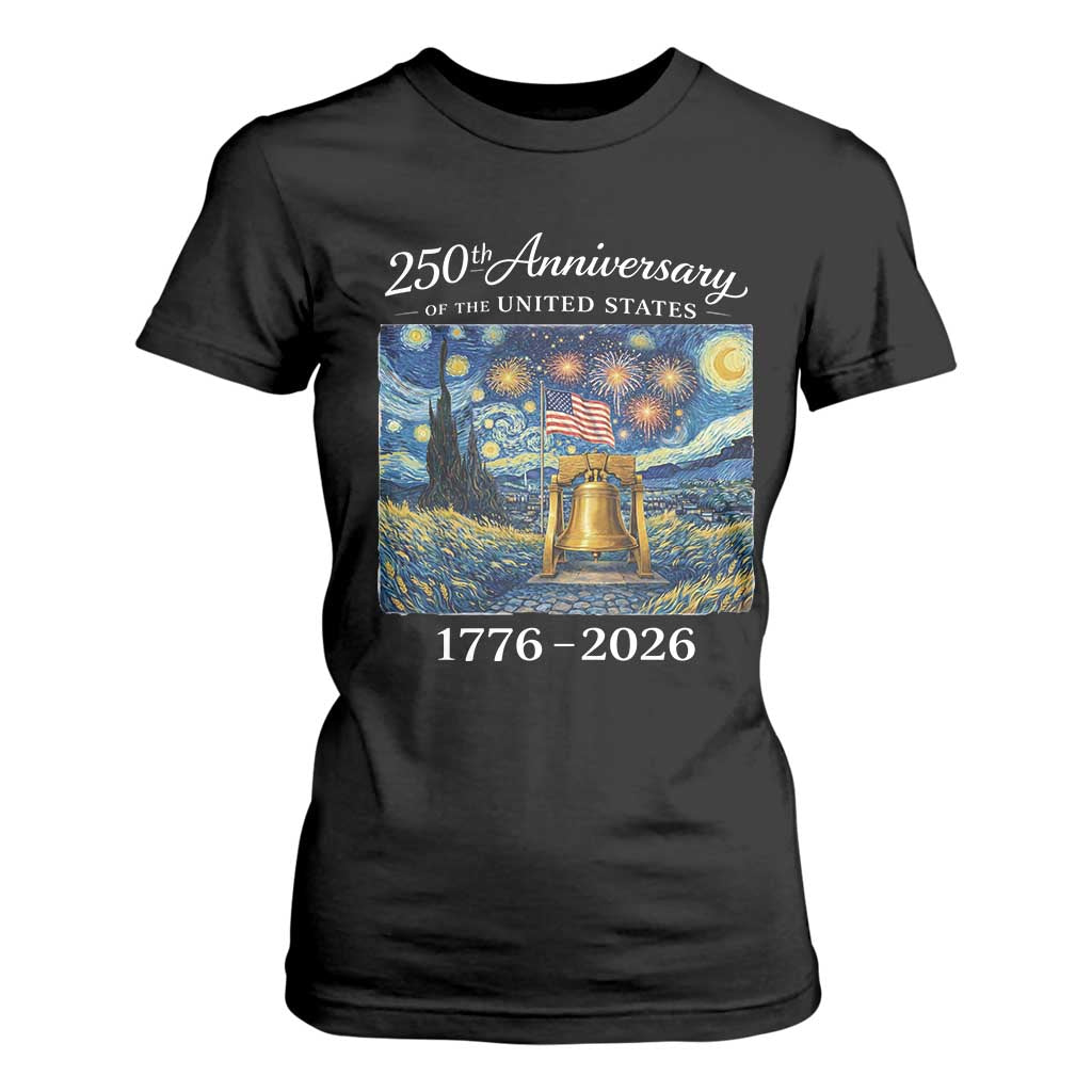 USA 250th Anniversary T Shirt For Women Liberty Bell 17762026 Patriotic American Flag Starry Night TS14 Black Print Your Wear