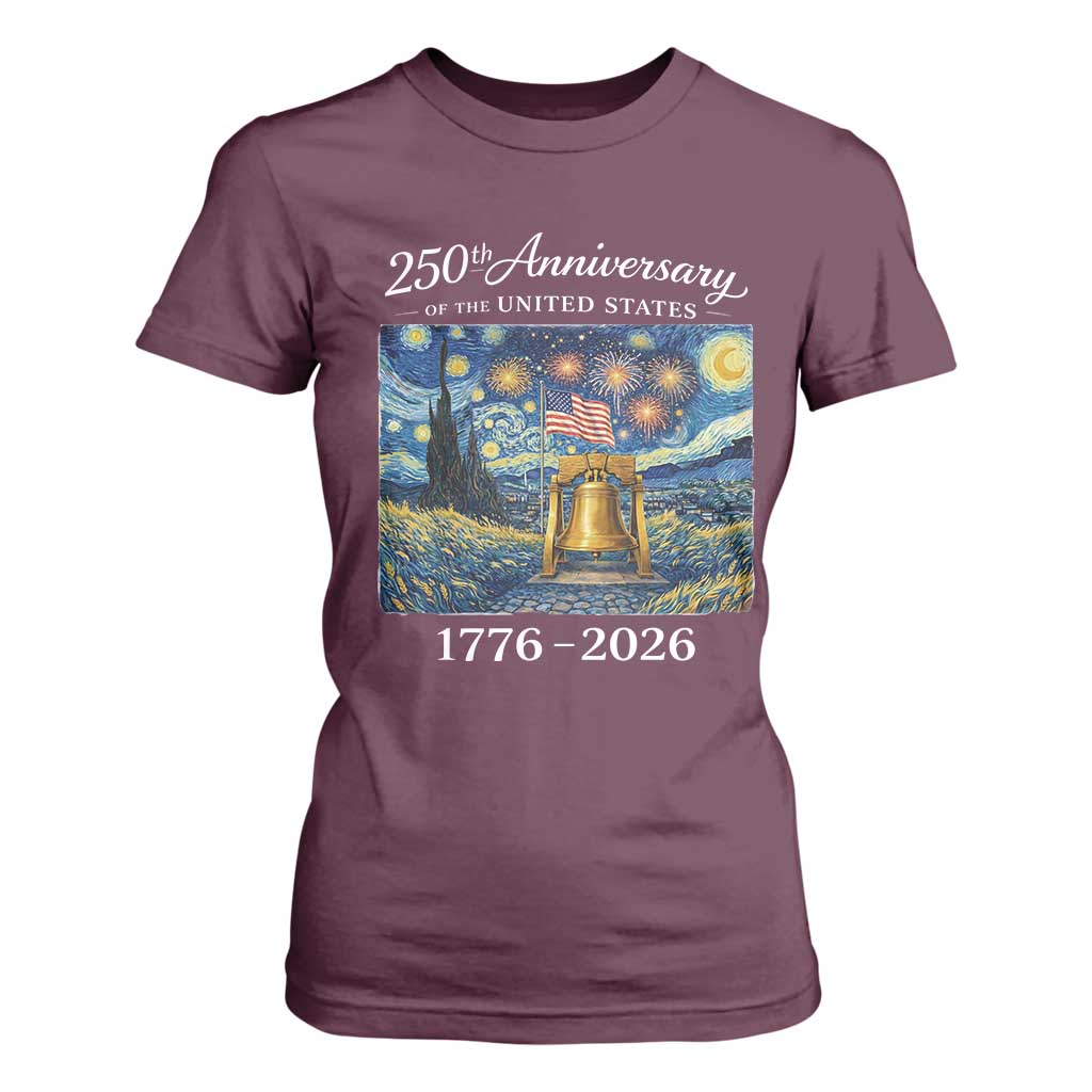 USA 250th Anniversary T Shirt For Women Liberty Bell 17762026 Patriotic American Flag Starry Night TS14 Maroon Print Your Wear