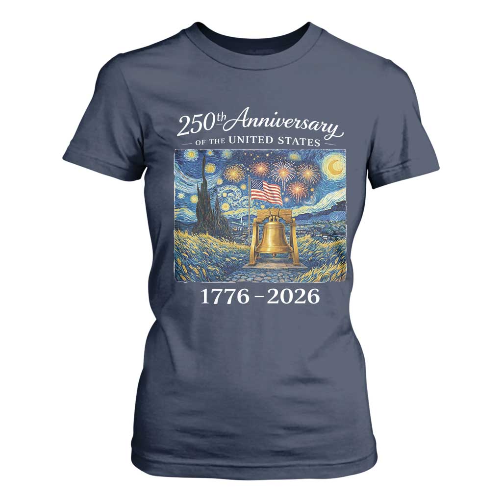 USA 250th Anniversary T Shirt For Women Liberty Bell 17762026 Patriotic American Flag Starry Night TS14 Navy Print Your Wear
