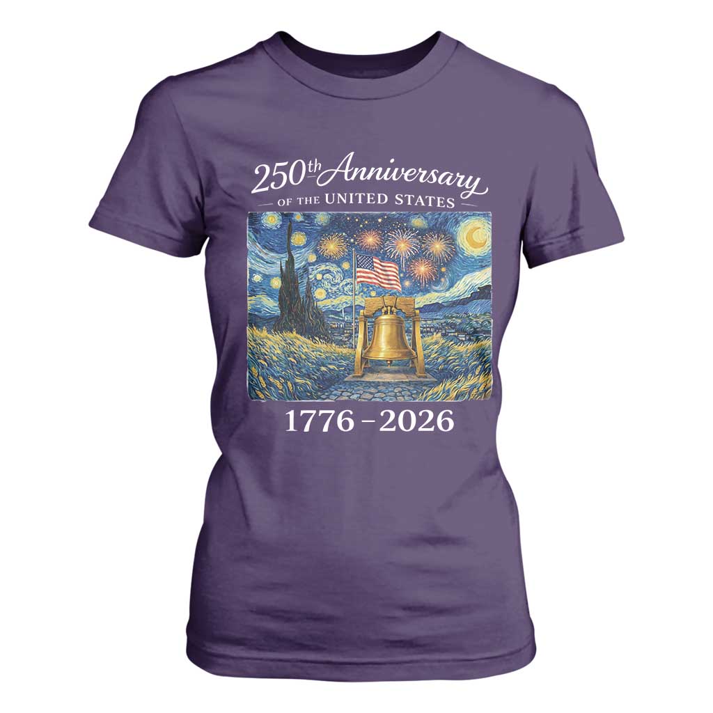 USA 250th Anniversary T Shirt For Women Liberty Bell 17762026 Patriotic American Flag Starry Night TS14 Purple Print Your Wear