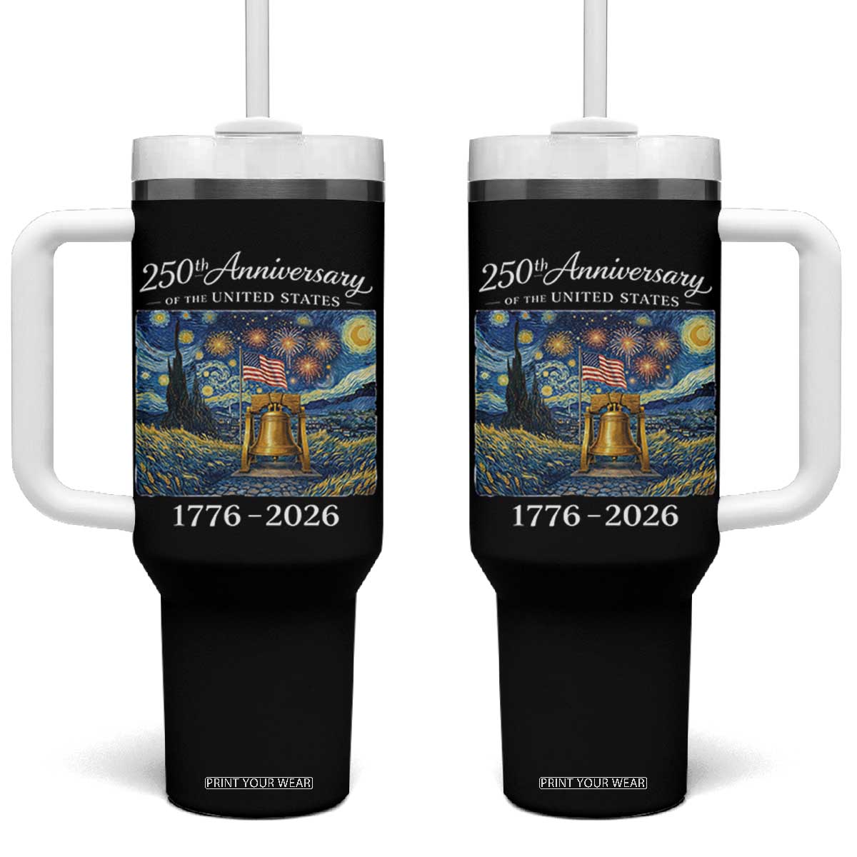 USA 250th Anniversary Tumbler With Handle Liberty Bell 17762026 Patriotic American Flag Starry Night TS14 One Size: 40 oz Black Print Your Wear