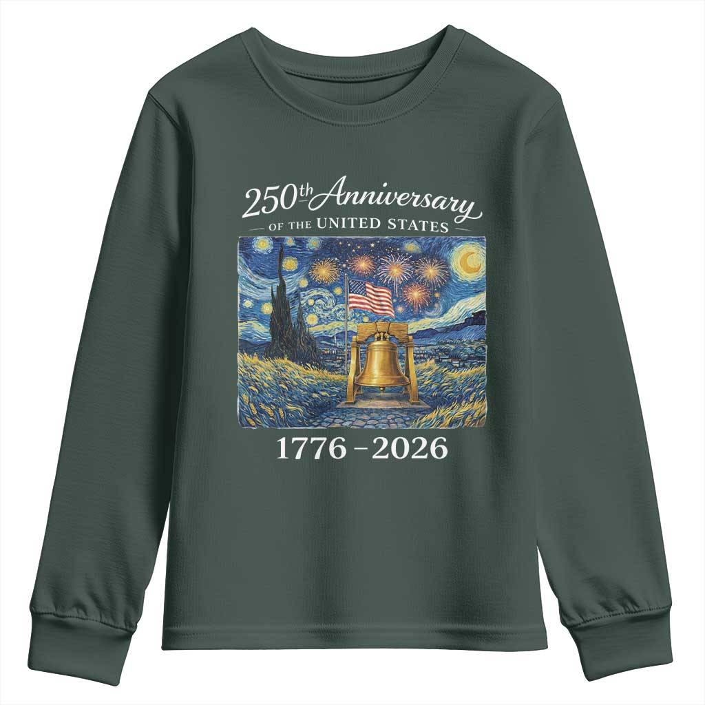 USA 250th Anniversary Youth Sweatshirt Liberty Bell 17762026 Patriotic American Flag Starry Night TS14 Dark Forest Green Print Your Wear