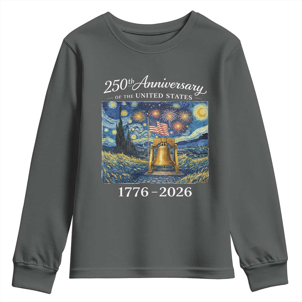 USA 250th Anniversary Youth Sweatshirt Liberty Bell 17762026 Patriotic American Flag Starry Night TS14 Dark Heather Print Your Wear