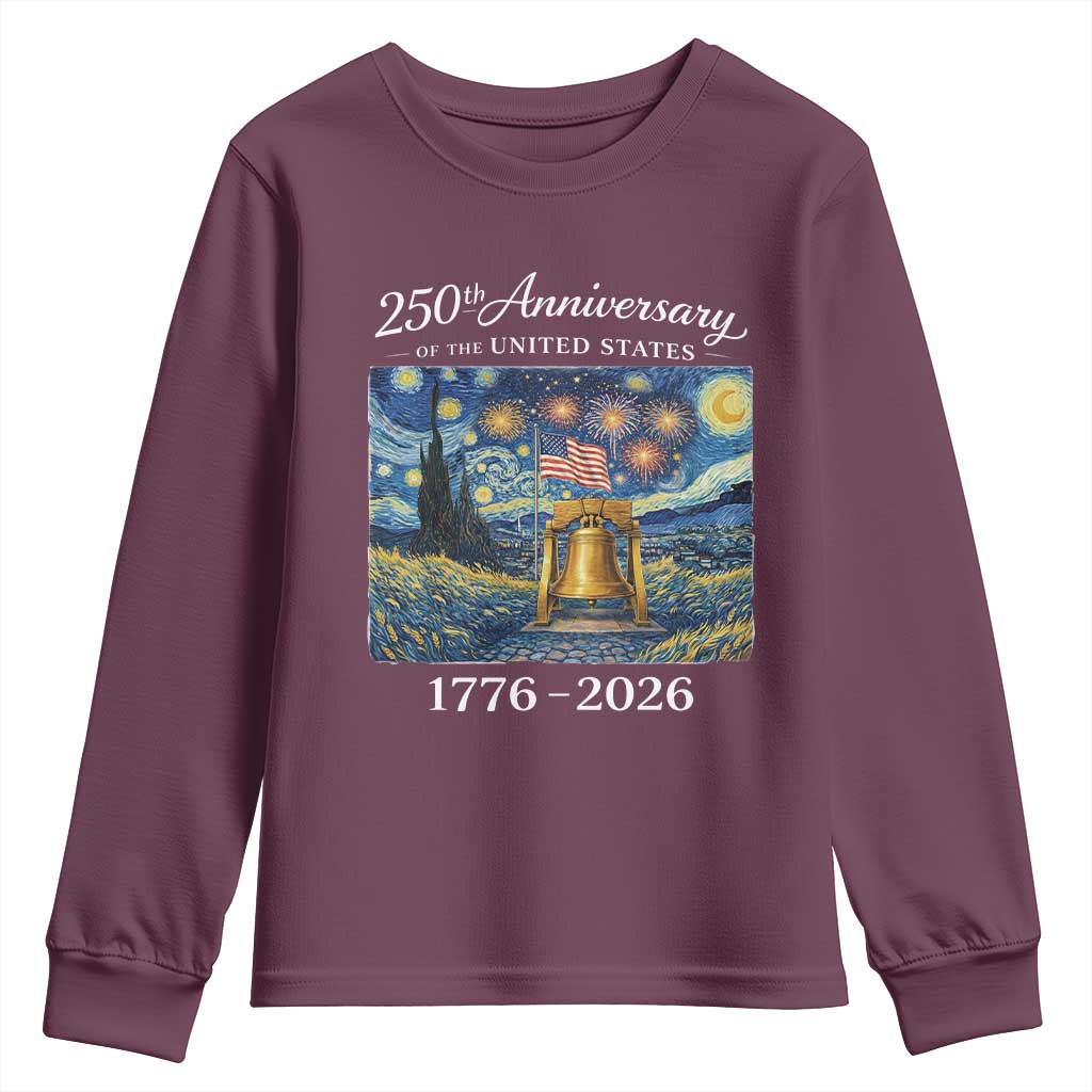 USA 250th Anniversary Youth Sweatshirt Liberty Bell 17762026 Patriotic American Flag Starry Night TS14 Maroon Print Your Wear