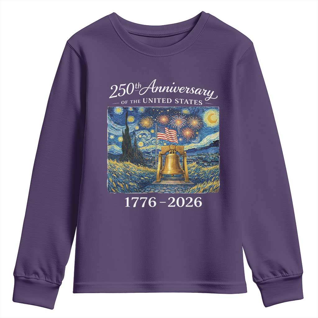 USA 250th Anniversary Youth Sweatshirt Liberty Bell 17762026 Patriotic American Flag Starry Night TS14 Purple Print Your Wear