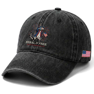 Feral and Free Funny Raccoon 4th of July Washed Cotton Baseball Cap USA 250 Years Freedom Independence Anniversary Gift TS14 Print Your Wear
