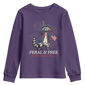 Feral and Free Funny Raccoon 4th of July Youth Sweatshirt USA 250 Years Freedom Independence Anniversary Gift TS14 Purple Print Your Wear