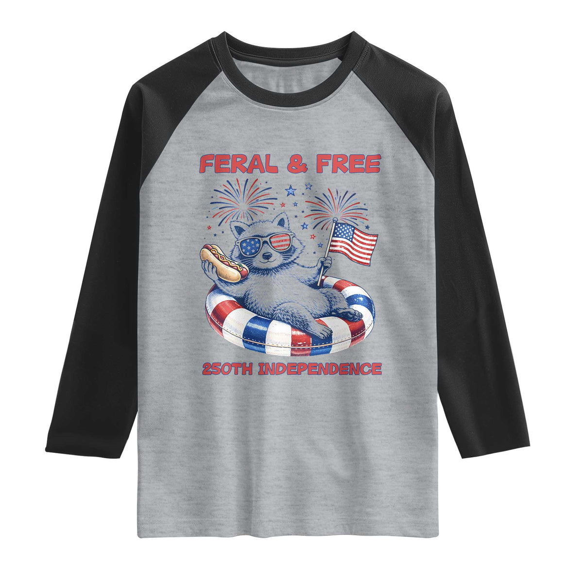 Feral and Free Funny Raccoon 4th of July Raglan Shirt 250 Years Of Freedom TS14 Heather Gray Black Print Your Wear