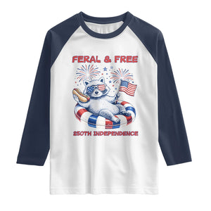 Feral and Free Funny Raccoon 4th of July Raglan Shirt 250 Years Of Freedom TS14 White Navy Print Your Wear