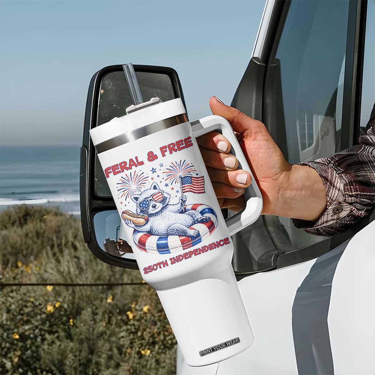 Feral and Free Funny Raccoon 4th of July Tumbler With Handle 250 Years Of Freedom TS14 Print Your Wear