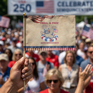 Feral and Free Funny Raccoon 4th of July Patriotic Handheld Flag 250 Years Of Freedom TS14 Vintage 8.2" × 5.5" Rustic Tan Navy Print Your Wear