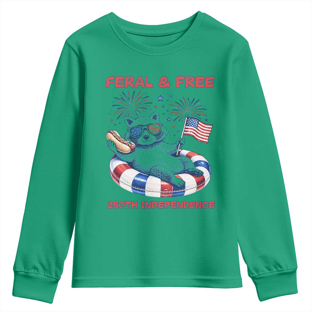 Feral and Free Funny Raccoon 4th of July Youth Sweatshirt 250 Years Of Freedom TS14 Irish Green Print Your Wear