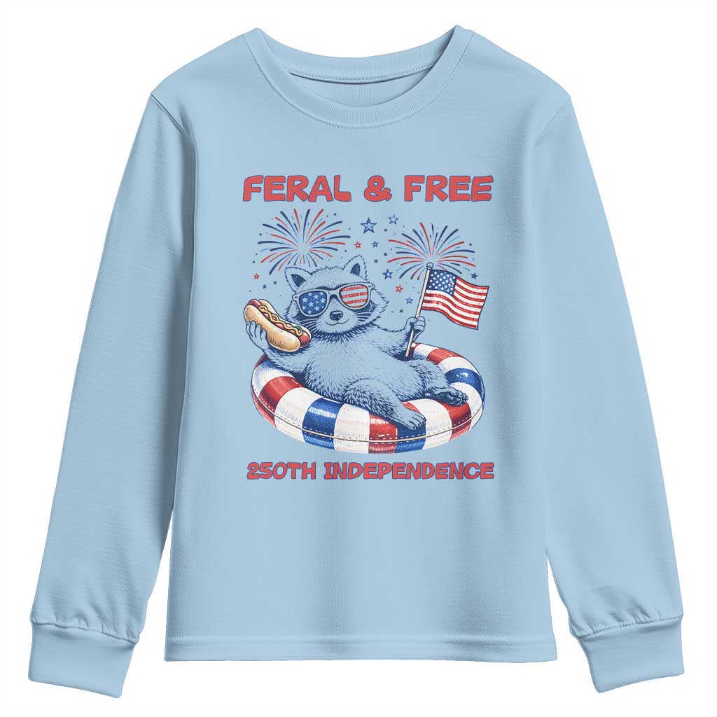 Feral and Free Funny Raccoon 4th of July Youth Sweatshirt 250 Years Of Freedom TS14 Light Blue Print Your Wear