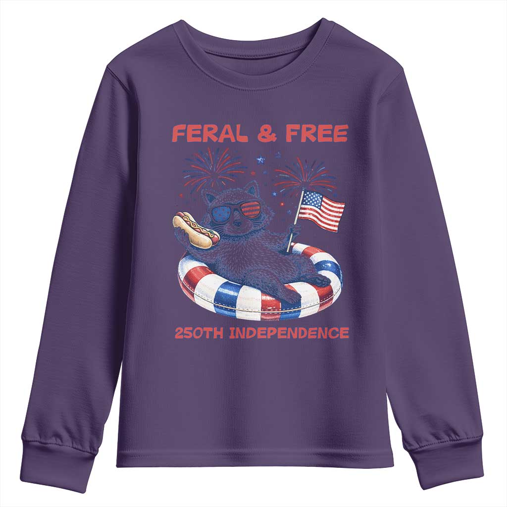 Feral and Free Funny Raccoon 4th of July Youth Sweatshirt 250 Years Of Freedom TS14 Purple Print Your Wear