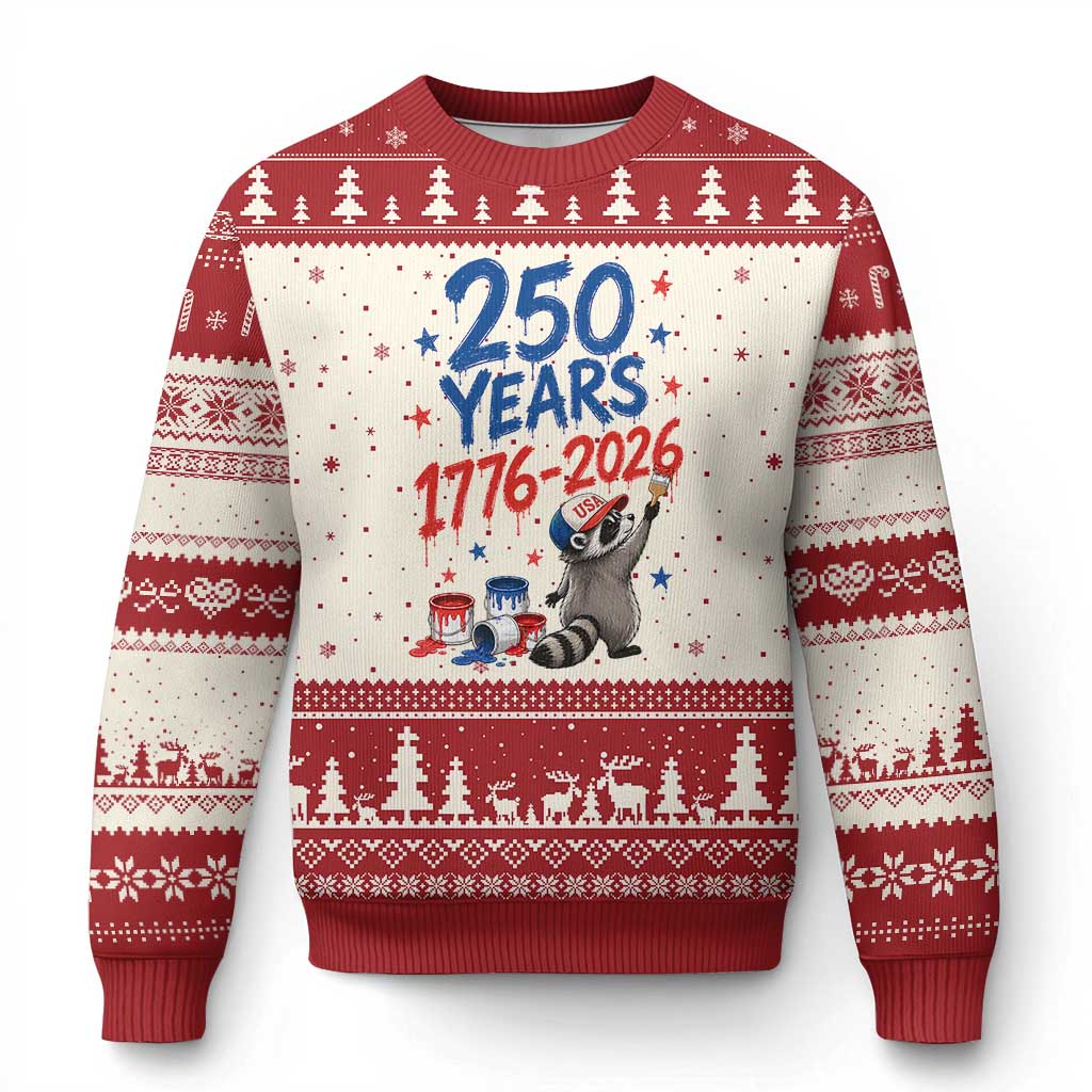 250th Anniversary USA Ugly Christmas Sweater Patriotic Raccoon American Flag 4th of July TS14 Beige Red Print Your Wear