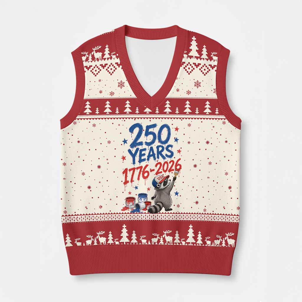 250th Anniversary USA V-Neck Knit Sweater Vest Patriotic Raccoon American Flag 4th of July TS14 Beige Red Print Your Wear