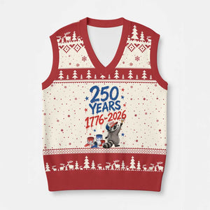 250th Anniversary USA V-Neck Knit Sweater Vest Patriotic Raccoon American Flag 4th of July TS14 Beige Red Print Your Wear