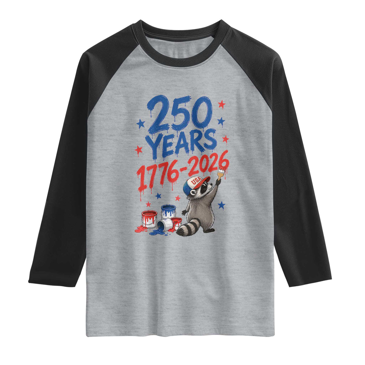 250th Anniversary USA Raglan Shirt Patriotic Raccoon American Flag 4th of July TS14 Heather Gray Black Print Your Wear
