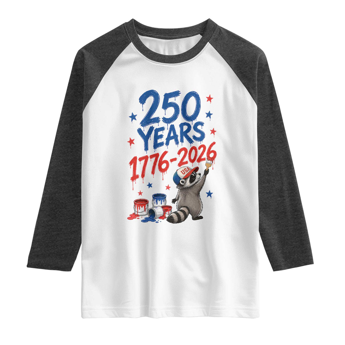 250th Anniversary USA Raglan Shirt Patriotic Raccoon American Flag 4th of July TS14 White Heather Charcoal Print Your Wear