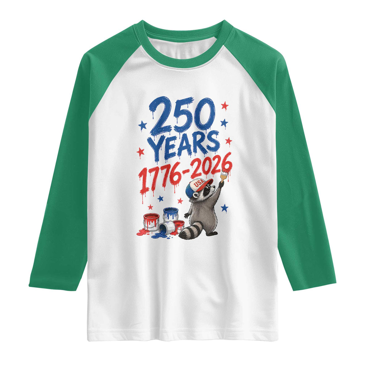 250th Anniversary USA Raglan Shirt Patriotic Raccoon American Flag 4th of July TS14 White Kelly Green Print Your Wear
