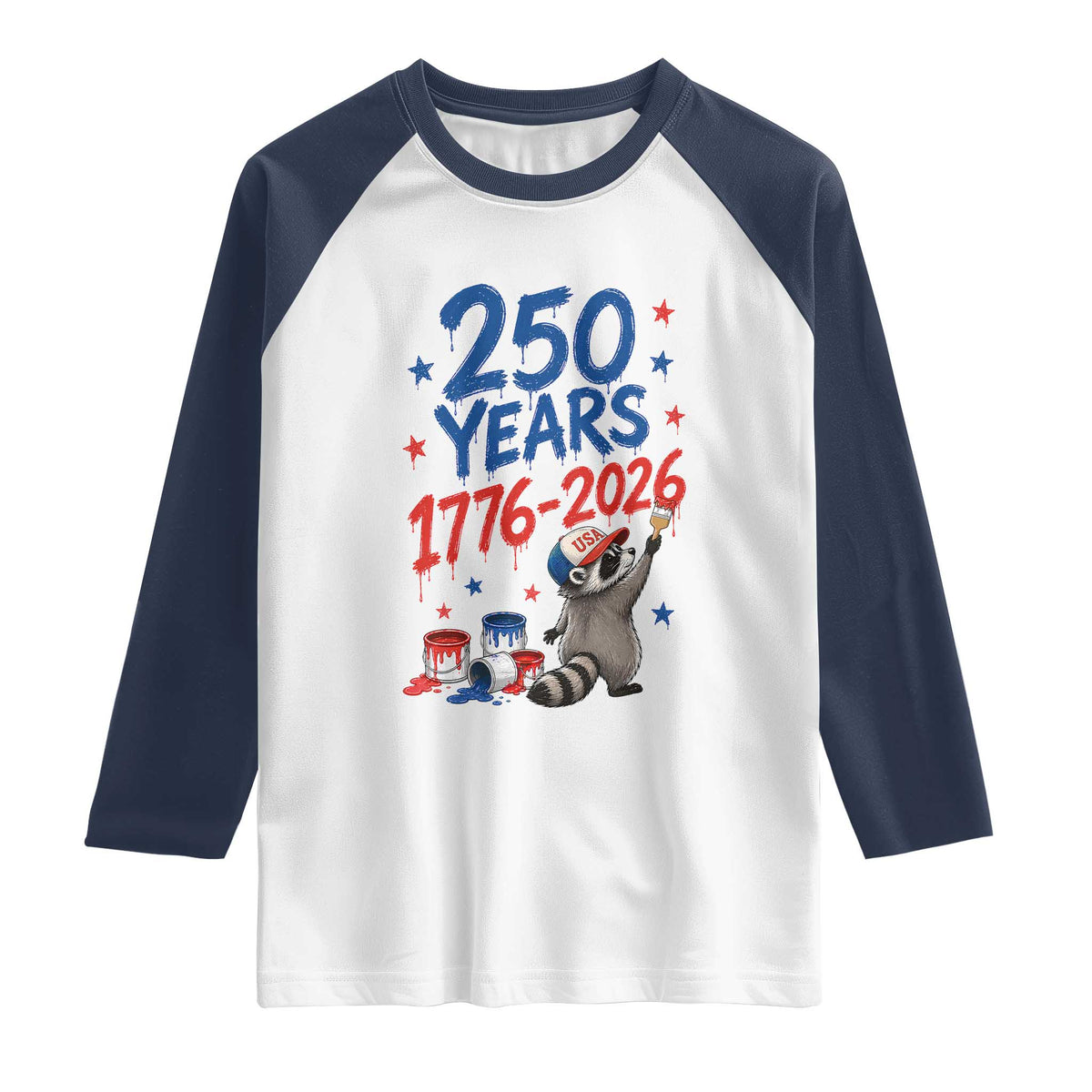 250th Anniversary USA Raglan Shirt Patriotic Raccoon American Flag 4th of July TS14 White Navy Print Your Wear