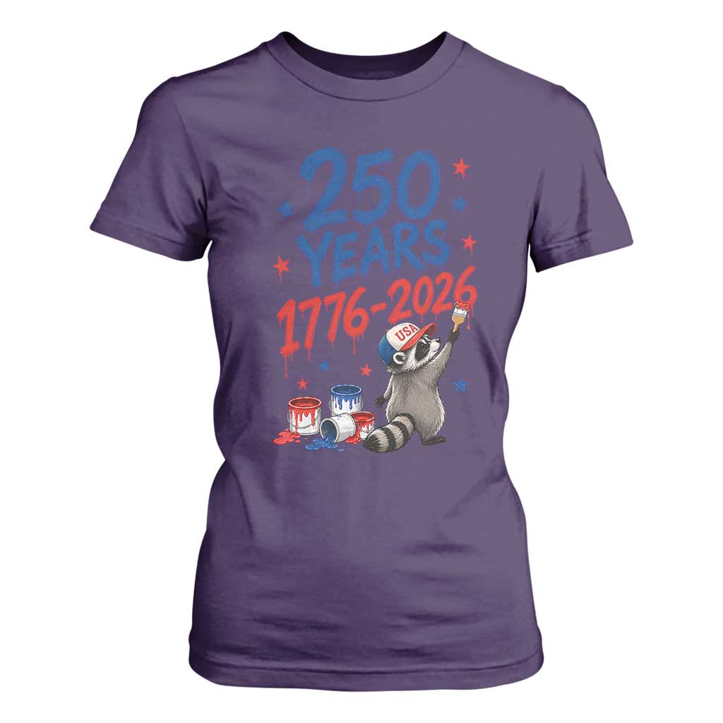 250th Anniversary USA T Shirt For Women Patriotic Raccoon American Flag 4th of July TS14 Purple Print Your Wear