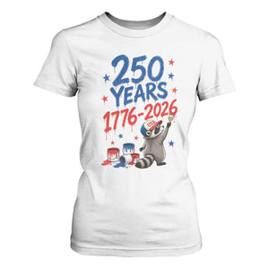 250th Anniversary USA T Shirt For Women Patriotic Raccoon American Flag 4th of July TS14 White Print Your Wear