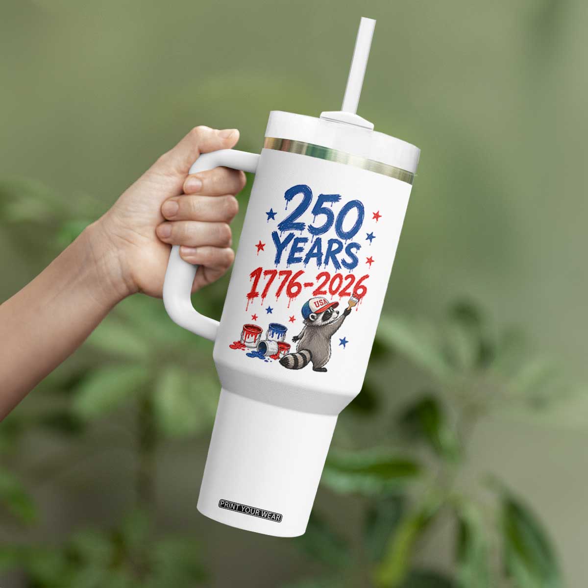 250th Anniversary USA Tumbler With Handle Patriotic Raccoon American Flag 4th of July TS14 Print Your Wear