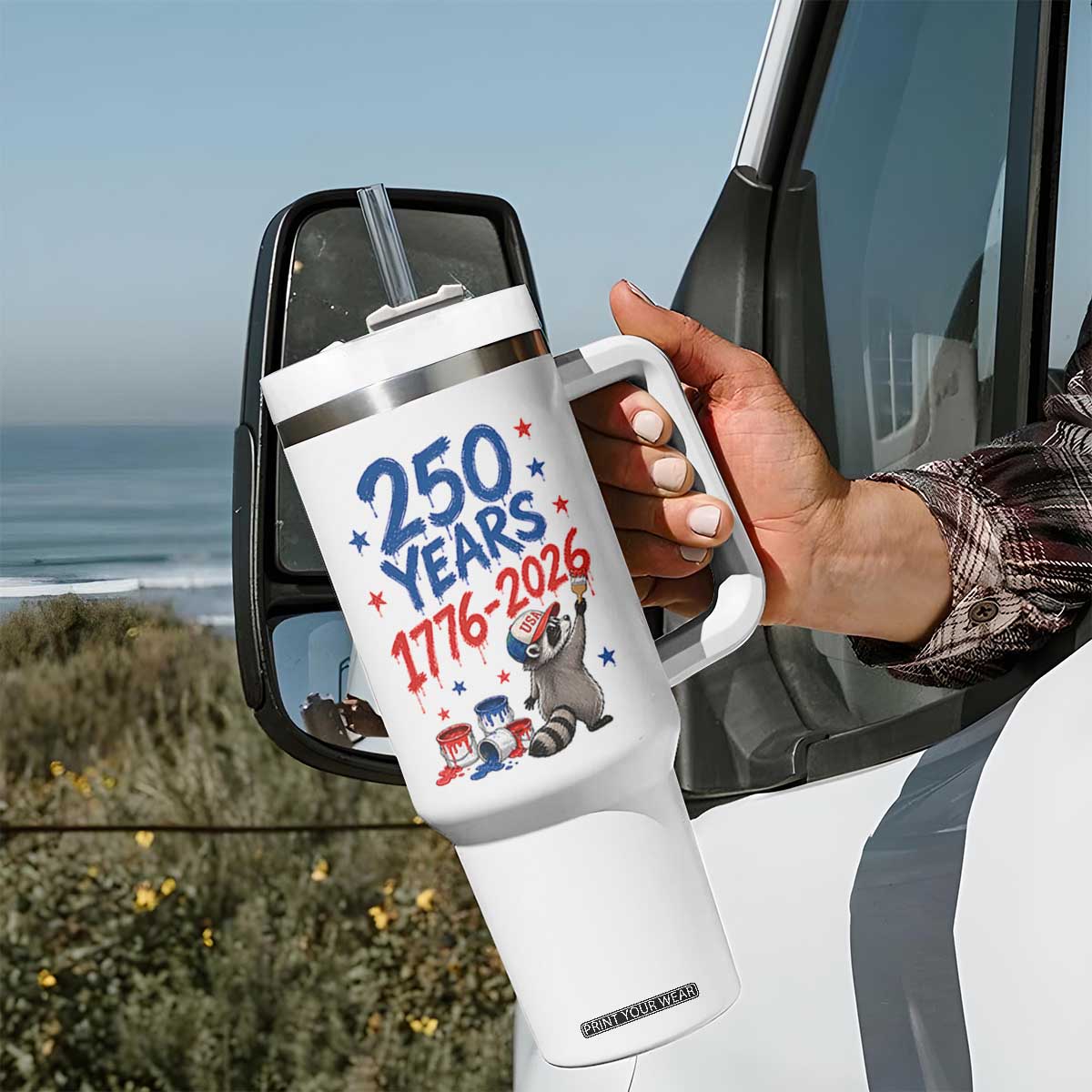 250th Anniversary USA Tumbler With Handle Patriotic Raccoon American Flag 4th of July TS14 Print Your Wear