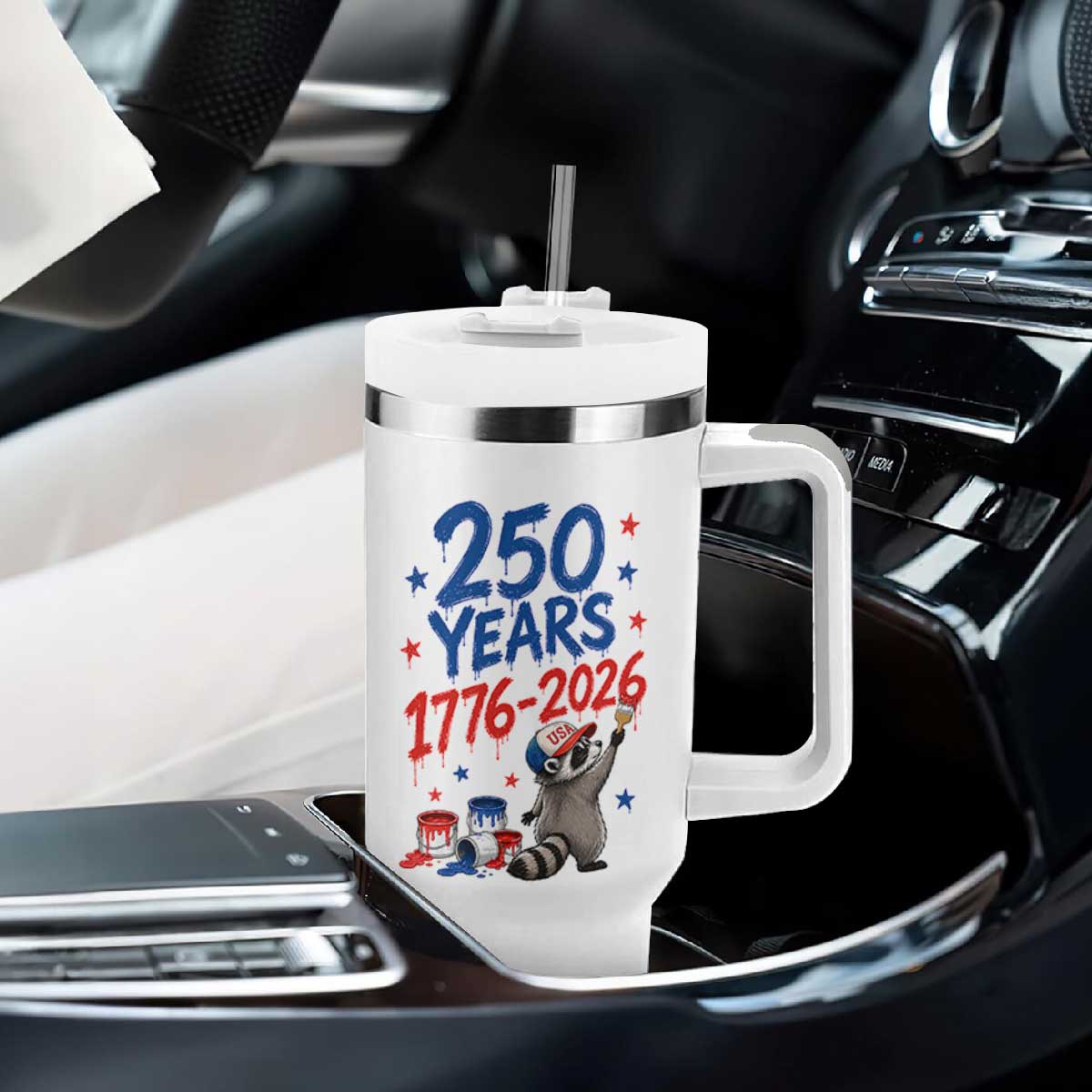 250th Anniversary USA Tumbler With Handle Patriotic Raccoon American Flag 4th of July TS14 Print Your Wear