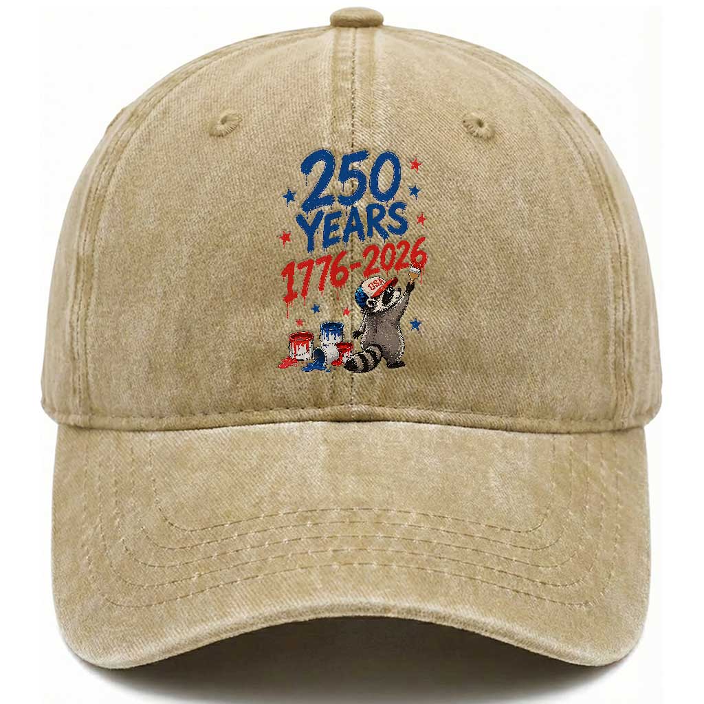 250th Anniversary USA Washed Cotton Baseball Cap Patriotic Raccoon American Flag 4th of July TS14 Print Your Wear