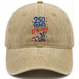 250th Anniversary USA Washed Cotton Baseball Cap Patriotic Raccoon American Flag 4th of July TS14 Print Your Wear