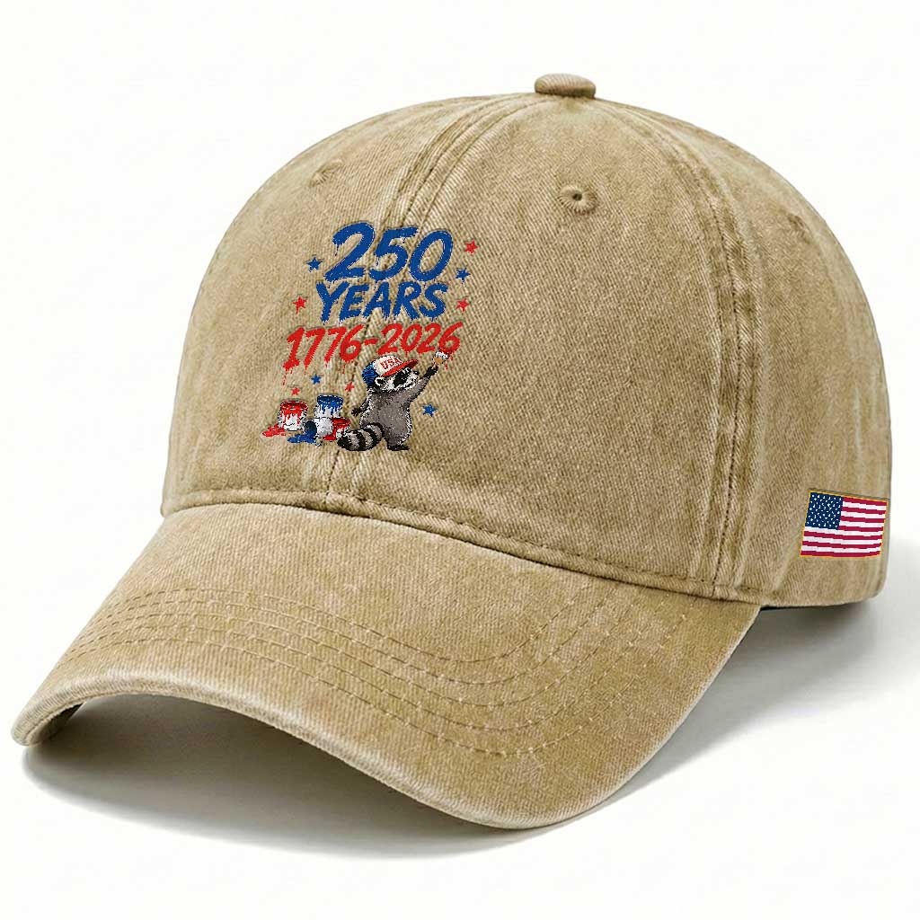 250th Anniversary USA Washed Cotton Baseball Cap Patriotic Raccoon American Flag 4th of July TS14 Print Your Wear
