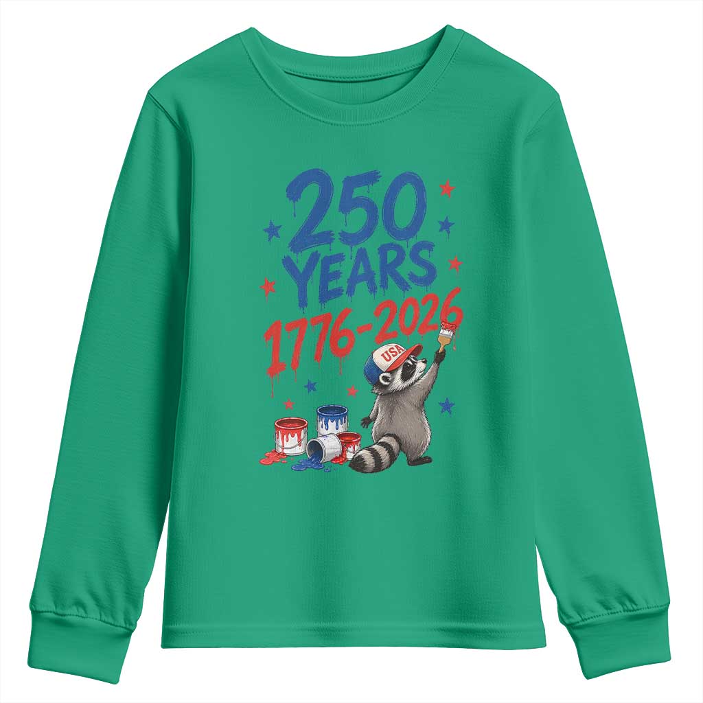 250th Anniversary USA Youth Sweatshirt Patriotic Raccoon American Flag 4th of July TS14 Irish Green Print Your Wear