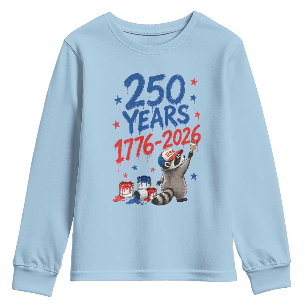 250th Anniversary USA Youth Sweatshirt Patriotic Raccoon American Flag 4th of July TS14 Light Blue Print Your Wear