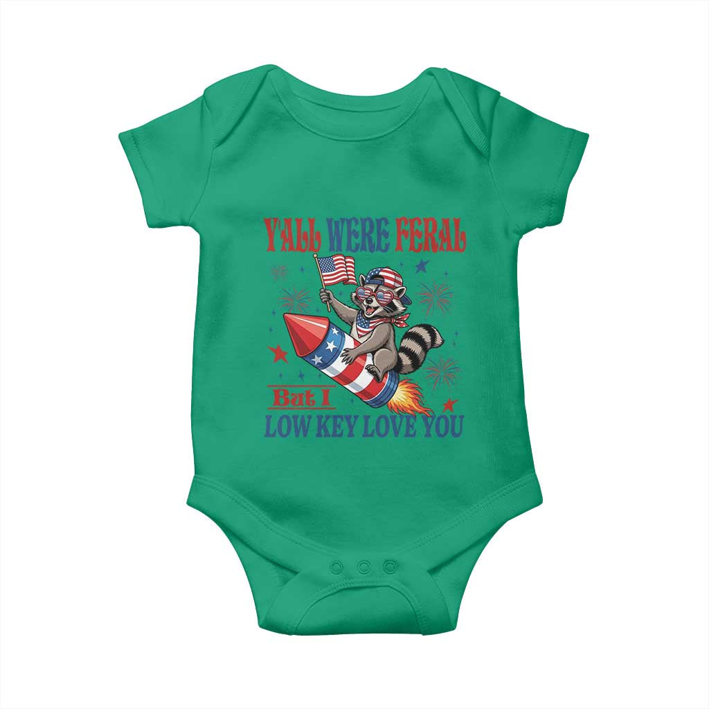 Y'all were Feral But I Low Key Love You Baby Onesie Raccoon Cute Teacher 4th of July TS14 Irish Green Print Your Wear