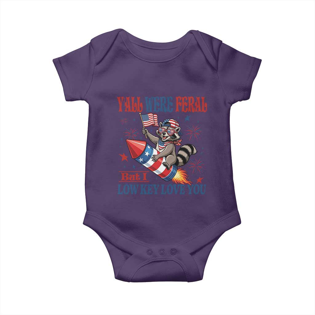 Y'all were Feral But I Low Key Love You Baby Onesie Raccoon Cute Teacher 4th of July TS14 Purple Print Your Wear