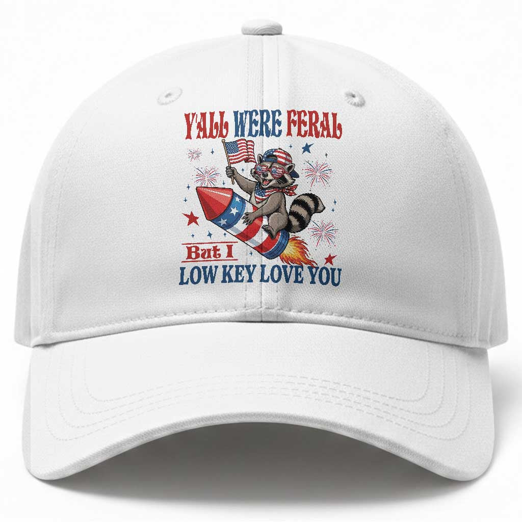 Y'all were Feral But I Low Key Love You Baseball Cap Raccoon Cute Teacher 4th of July