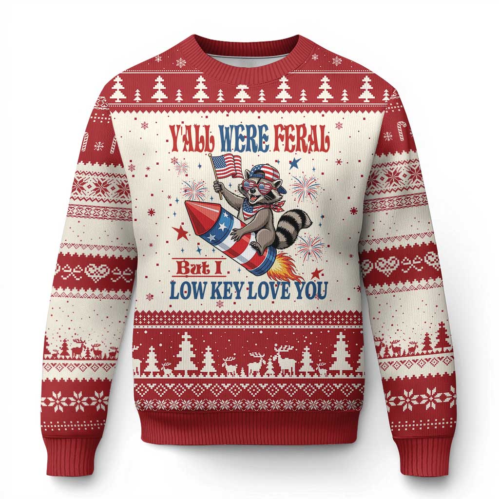 Y'all were Feral But I Low Key Love You Ugly Christmas Sweater Raccoon Cute Teacher 4th of July TS14 Beige Red Print Your Wear